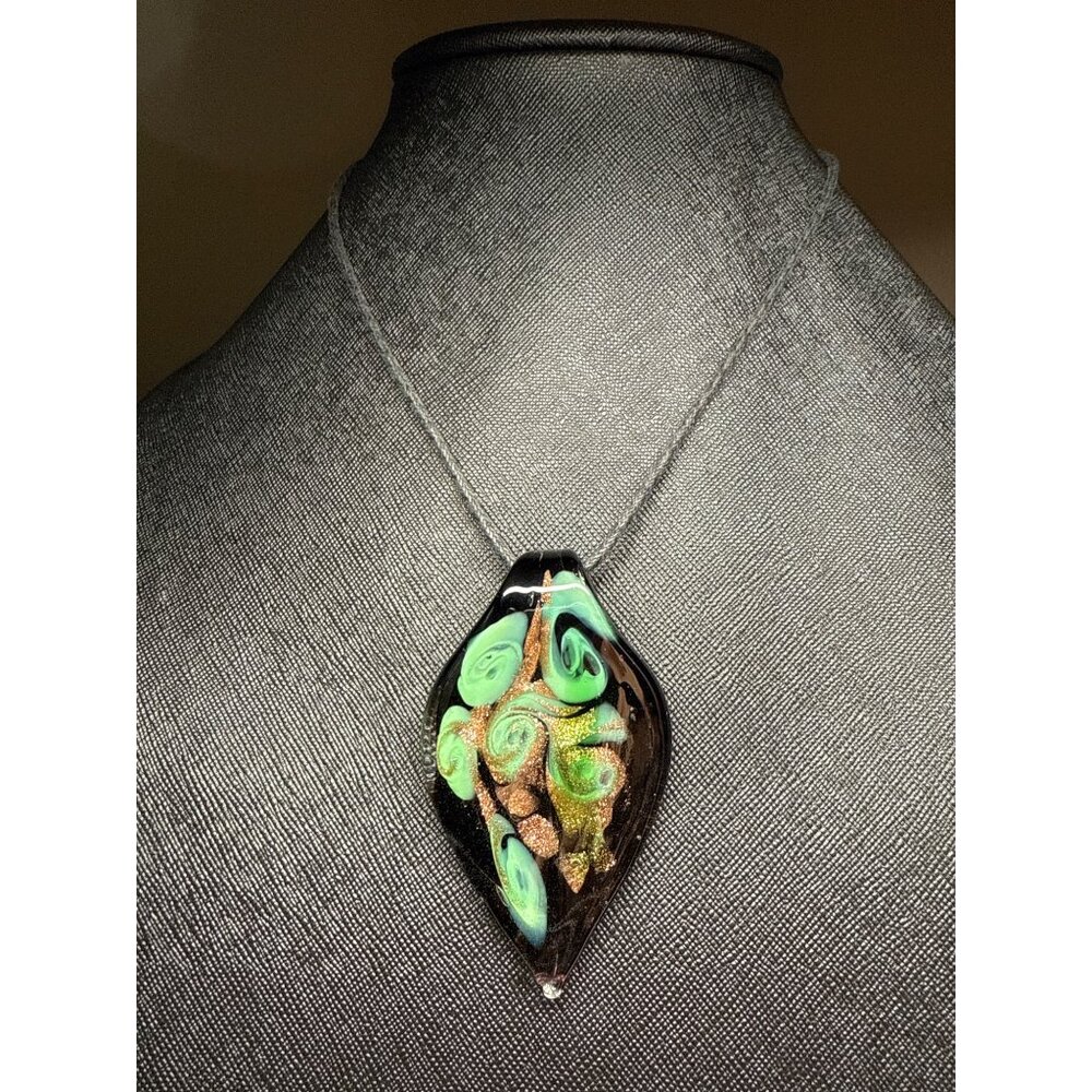 Handcrafted Murano Glass Pendant Necklace With Swirl Design In Black & Green